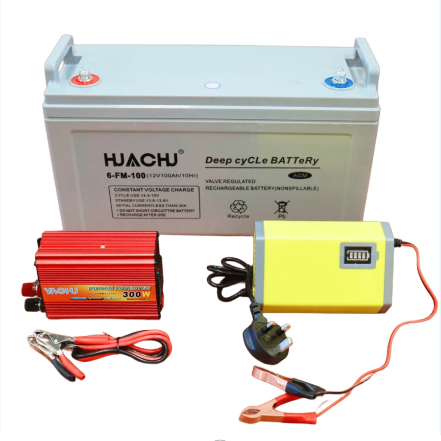 Huachu 12V 100Ah Solar Lead Acid Gel Battery Kit with 300W Inverter & 6A Battery Charger