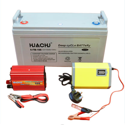 Huachu 12V 100Ah Solar Lead Acid Gel Battery Kit with 300W Inverter & 6A Battery Charger