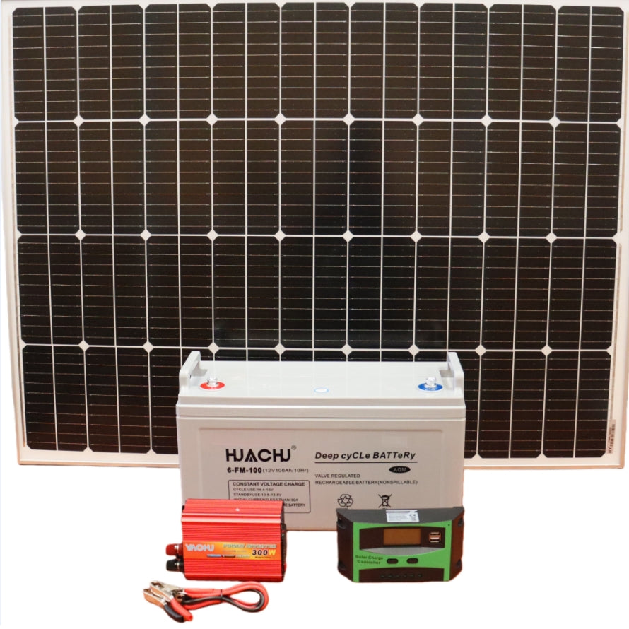 Huachu 12V 100Ah Solar Gel Battery Kit with 300W Inverter & 120W Solar Panel
