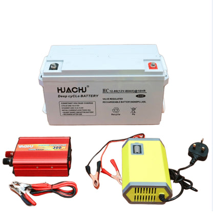 Huachu 12V 80Ah Solar Lead Acid Gel Battery Kit with 300W Inverter, 6A Battery Charger