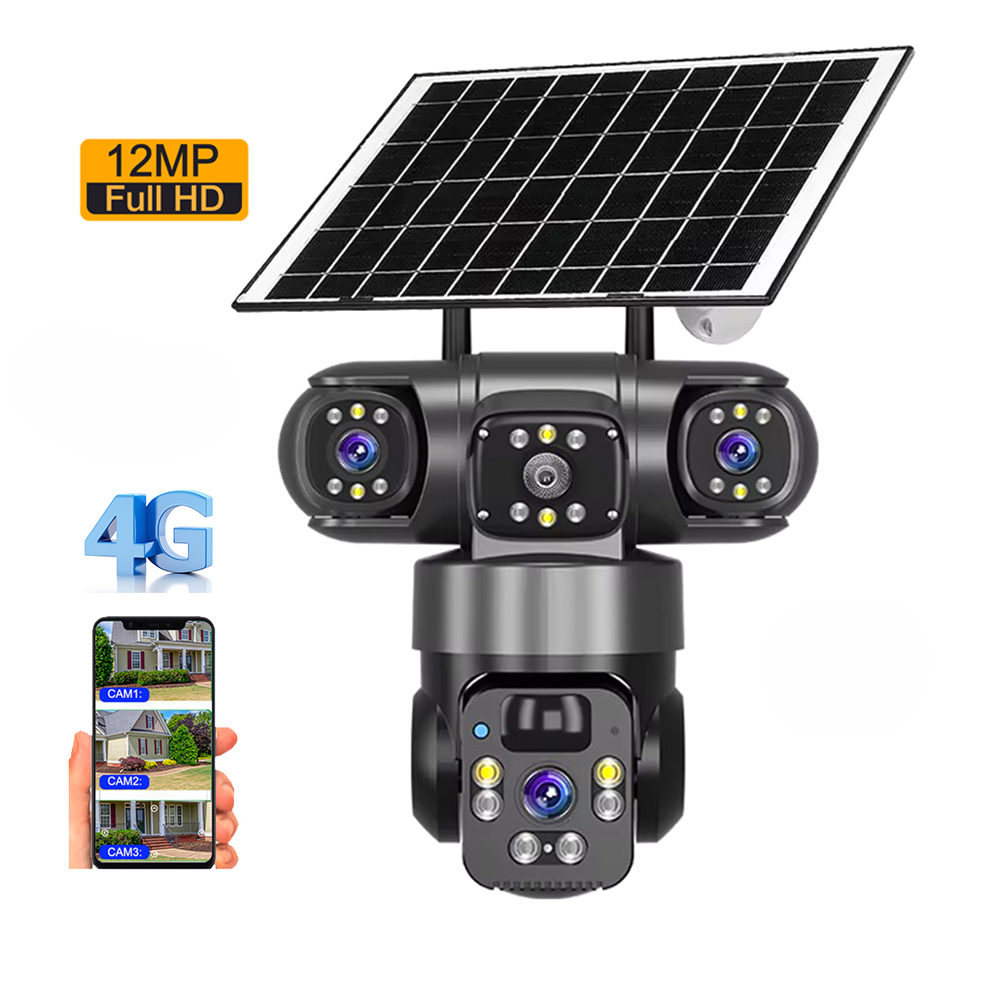 Wireless 4G SIM Card Solar Security CCTV Camera with 360° Three-Lens Monitoring